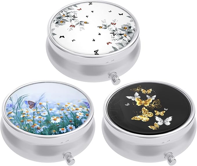 3 Pack Pill Box, Small Pill Case for Purse & Pocket, Cute Travel Medicine Organizer, Portable Medicine Container Holder to Hold Vitamins, Medication, Fish Oil & Supplement, Butterfly