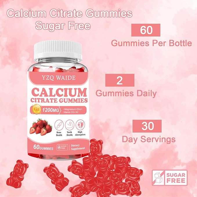 Calcium Citrate Gummies 1200mg with Vitamin D3 + K2, Magnesium, Zinc, Chewable Calcium Supplement for Women & Men, Bone Healthy, Sugar Free, Non-GMO, Gluten Free, Strawberry Flavor 60 Count