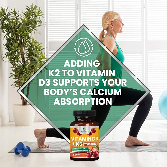 Vitamin D 2000 IU 50mcg Per Tablet - Vitamins D3 & K2 (MK7) Complex Supplement for Bone, Teeth, Muscle, Calcium Absorption, Supports Immune & Heart Health, Chewable Formula USA Bottled - 60 Tablets
