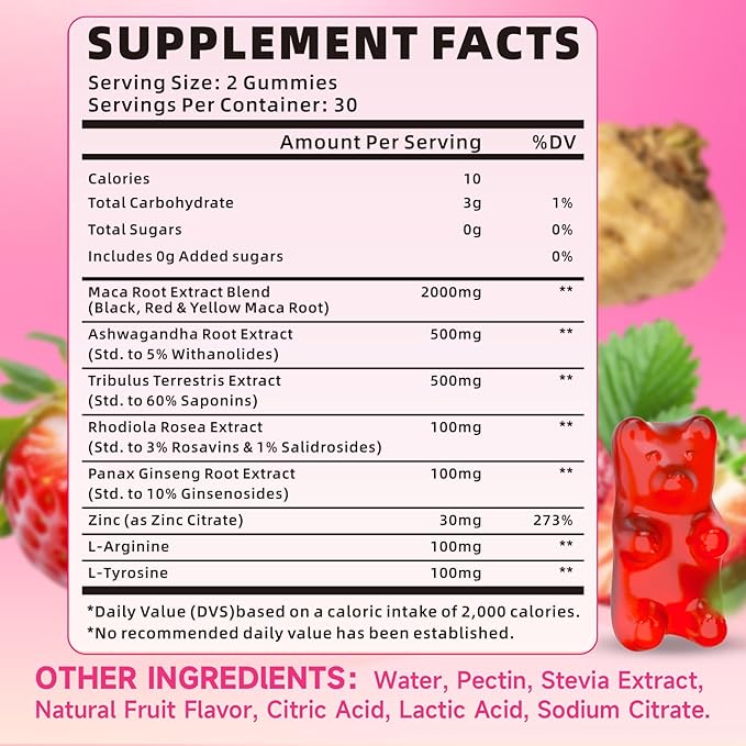 Maca Root Gummies for Women & Men, Organic Maca Root Supplement with Ashwagandha for Energy & Strength Support, Sugar-Free/Vegan/Non-GMO, Strawberry Flavor 60 Count