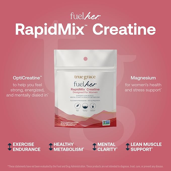 True Grace FuelHer RapidMix Creatine Monohydrate - Unflavored - for Women - Supports Lean Muscle, Mental Clarity & Metabolism - 100 mg Magnesium - Bloat Free - Mixes Instantly - Non-GMO - 30 Servings