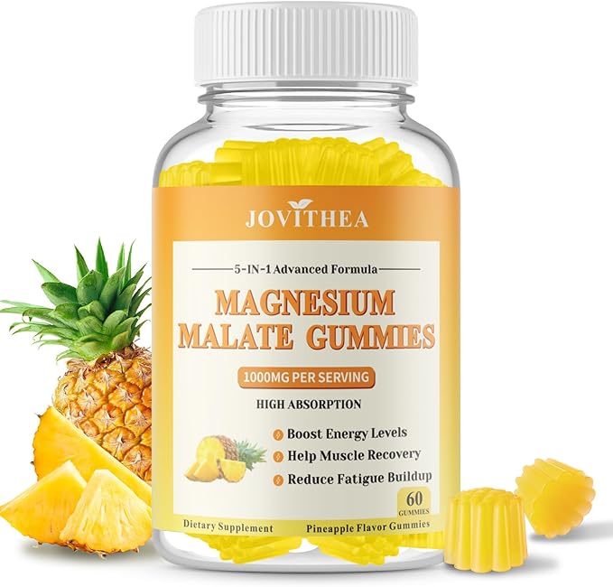 Magnesium Malate Gummies 1000mg, High Absorption Magnesium Supplements for Adults & Kids, with L-Theanine, CoQ10 & Vitamin B6, Support Energy Production, Muscle Function, Non-GMO, Vegan, 60 Ct