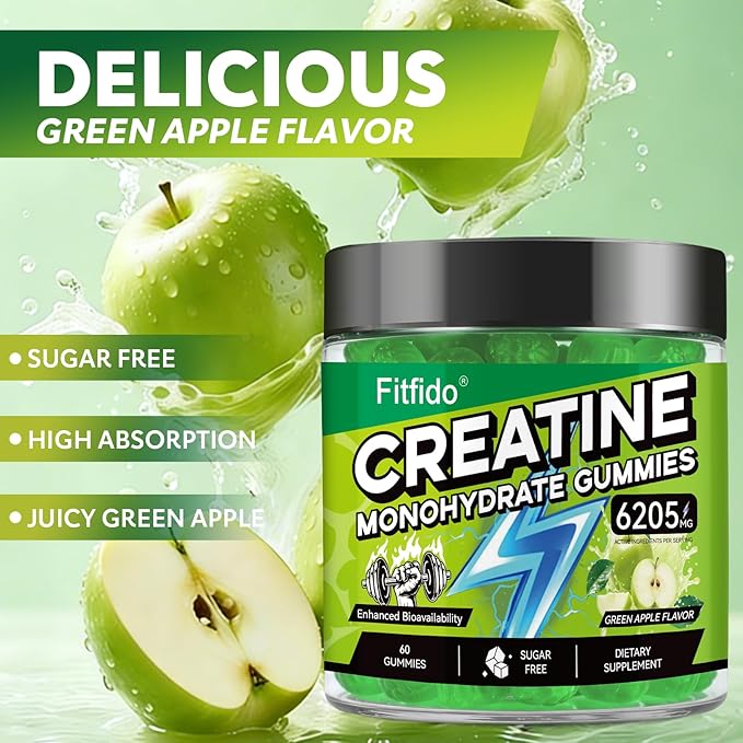 Creatine Monohydrate Gummies for Men & Women - 6205mg per Serving, Containing L-carnitine & Taurine, Post Workout Muscle Recovery, Strength & Energy Boost, Sugar Free & Vegan (60, Green Apple)