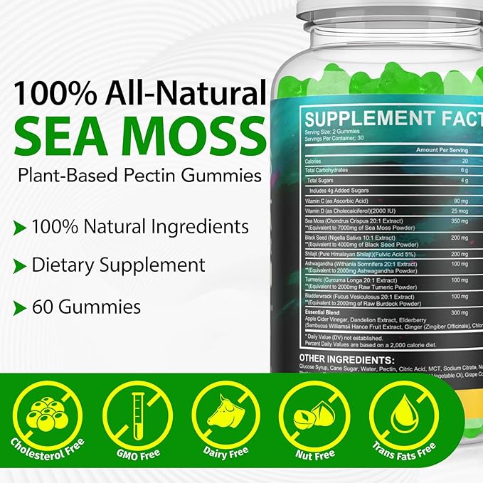 Sea Moss Gummies,with Elderberry Black Seed Oil,Ashwagandha&Ginger,Natural Irish Sea Moss for Immunity & Energy Supplement for Women,Men,Extra Strength,Great Tasting (1 Pack)