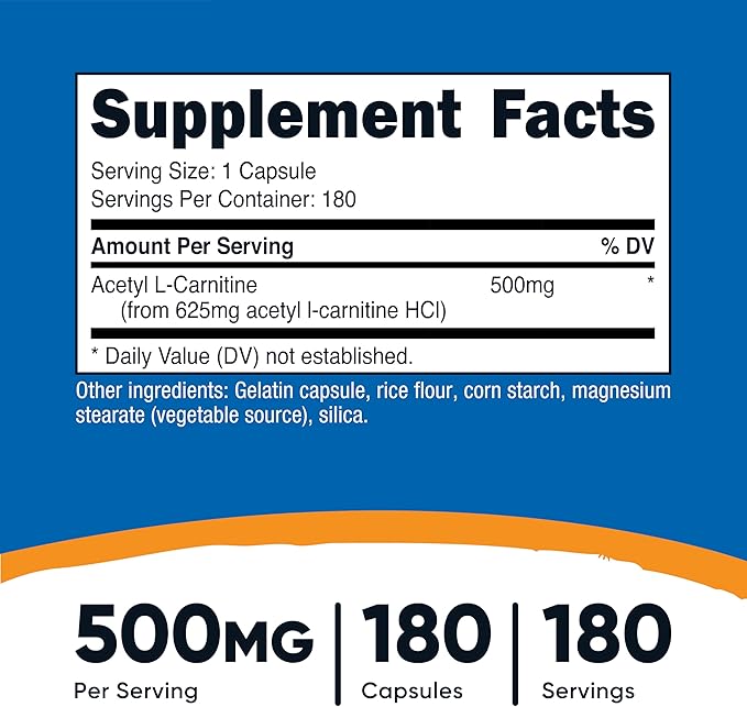 Nutricost Acetyl L-Carnitine (ALCAR) 500mg, 180 Capsules, 180 Servings - Non-GMO and Gluten Free, 1 Capsule per Serving