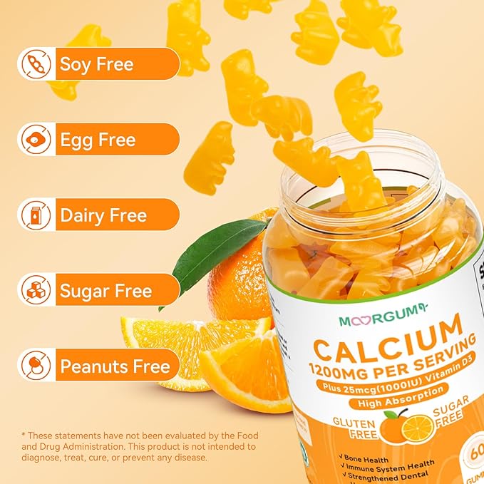Calcium Citrate Gummies for Kids, Adult - 1200 mg with Vitamin D3 1000IU - Support Bone, Teeth, Immune Health, High Absorption Calcium and Vitamin D Supplement, Orange Flavor, 120 Count