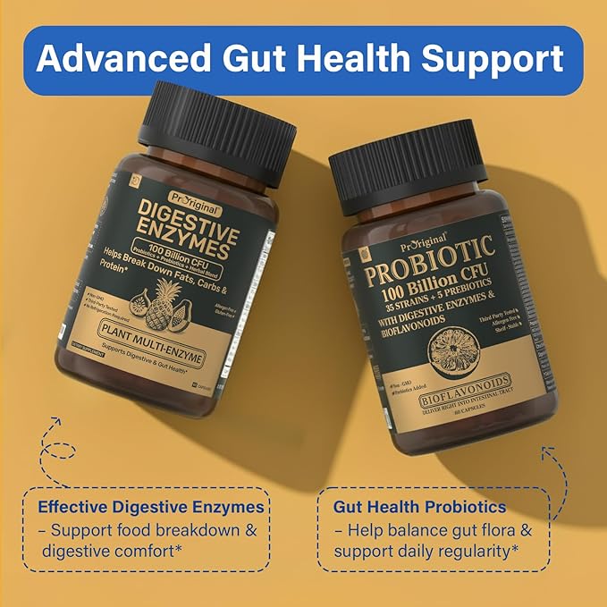 Digestive Enzymes Supplement with 100 Billion CFU Organic Probiotic & Prebiotic - Multi-Enzyme Formula for Women & Men - Supports Digestive & Gut Health, Aids Protein, Carb & Dairy Digestion, 60 Caps