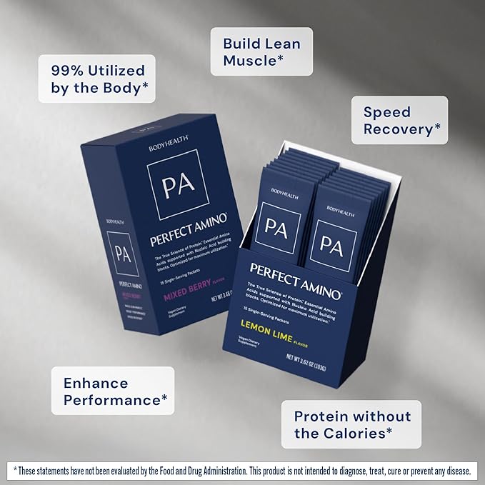 BodyHealth PerfectAmino Powder - BCAA and EAA Powder for Pre and Post Workout - Amino Acid Energy Drink for Men and Women to Support Lean Muscle and Recovery - Vanilla - Stick Packs - 15 Servings
