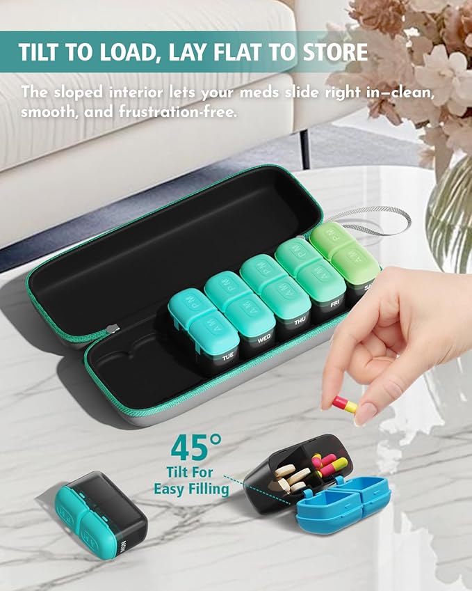 Weekly Pill Organizer 2 Times a Day, 7 Day Travel Medicine Pill Organizer with Moisture-Proof Silicone Lid, AM PM Daily Pill Box for Vitamins & Supplements, Aesthetics Pill Case(Green)