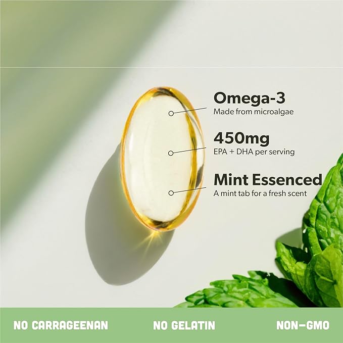 Vegan Omega 3 Supplement - Plant Based DHA & EPA Fatty Acids - Carrageenan Free, Alternative to Fish Oil, Supports Heart, Brain, Joint Health - Sustainably Sourced Algae - 60 Softgels