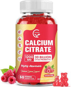 Calcium Citrate Gummies, Calcium 1200 mg with Vitamin d3, K2, Magnesium, Zinc for Bone, Muscle & Immune Support, High Absorption Calcium Supplement for Women & Men, Raspberry Flavor, 60 Chews