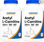 Nutricost Acetyl L-Carnitine (ALCAR) 500mg, 180 Capsules, 180 Servings - Non-GMO and Gluten Free, 1 Capsule per Serving (Pack of 2)