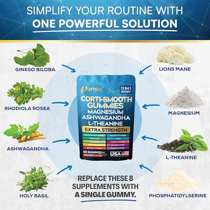 Corti-Smooth Cortisol Support Gummies with Magnesium, L-Theanine, Ashwagandha, Phosphatidylserine, Bacopa Monnieri, Lions Mane, Ginkgo Biloba, Valerian Root (Mixed Berry Flavor - 2 Pack)