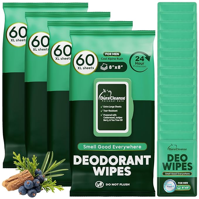 Deodorant Wipes for Men - Freshening Body Towelettes for Post-Workout, Travel, and Daily Deodorizing - On-the-Go Fresh Scent Cleansing Wipes, 240 Count (4 Pack)
