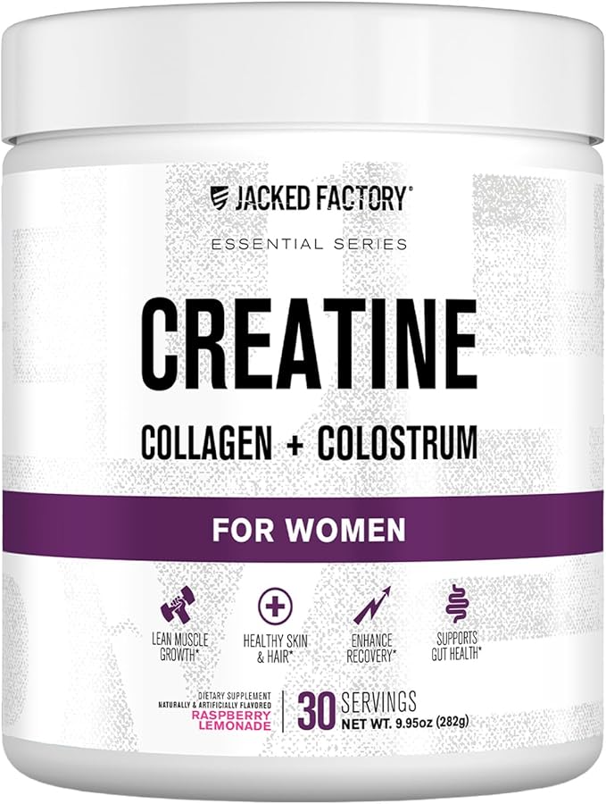 Jacked Factory Creatine for Women - Creatine Monohydrate with Collagen + Colostrum to Support Workout Performance, Lean Muscle Growth, Healthy Hair, Skin, & Nails - 30 Servings, Raspberry Lemonade