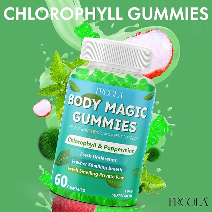 Body Magic Gummies, Chlorophyll Supplement with Peppermint & Chlorella - 60 Gummies, Lychee Flavor, Plant-Based Pectin, Supports Overall Wellness & Freshness