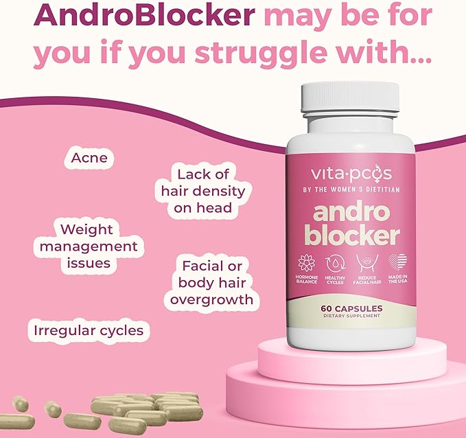VITA-PCOS AndroBlocker Balance Supplement for Women - Stinging Nettle Capsules with Zinc & Inositol for Unwanted Facial Hair & Healthy Period - Saw Palmetto for Women Energy & Vitality - 60 Capsules