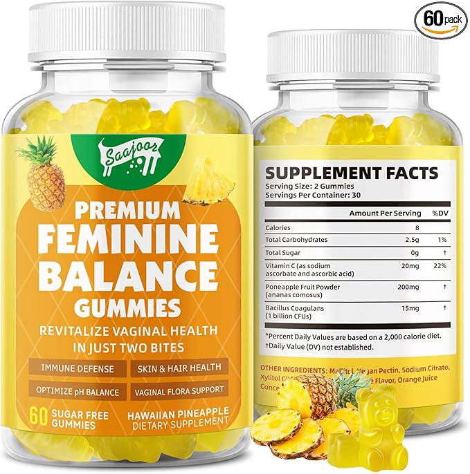 Premium Feminine Balance Gummies for Women's Immune Health, Hawaiian Pineapple Gummies Support pH Balance & Immune Support, Vegan, Gluten-Free, 60 Gummies ﻿