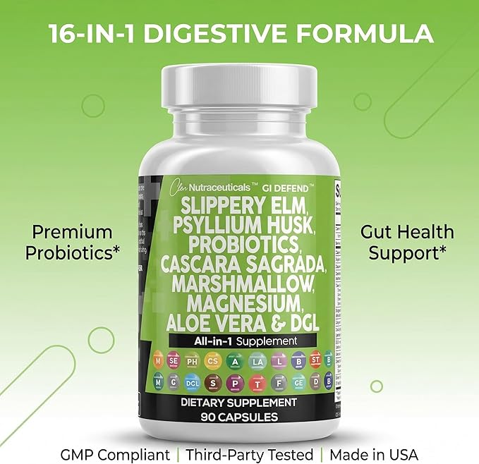 Clean Nutraceuticals Slippery Elm Psyllium Husk Pre Probiotic Digestive Gut Health Supplement with Aloe Vera Cascara Sagrada Marshmallow Root DGL Licorice Senna Extract