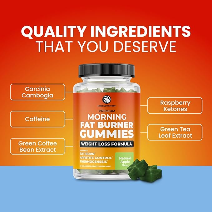 Morning Fat Burner Gummies | Weight Loss for Women & Men | Appetite Suppressant & Metabolism Booster | Thermogenic Belly Fat Burner with Green Tea, Garcinia, Green Coffee Bean & More | 60 Gummies