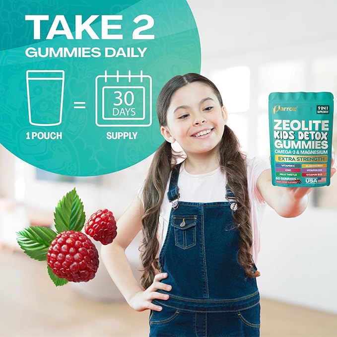 Zeolite Kids Detox Gummies, 9-in-1 Extra Strength with Zeolite, Omega-3, Magnesium, Elderberry, Vitamin C, Milk Thistle, Vitamin D3, Zinc, B12 – Sugar-Free (Mixed Berry Flavor - 2 Pack)