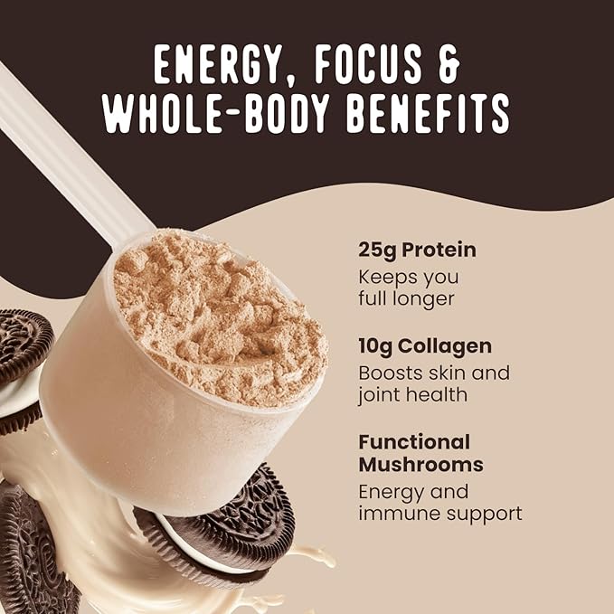 FlavCity All in One Protein Shake Powder, Cookies and Cream - On the Go Meal Alternative + Collagen Peptides, Reishi & Cordyceps - Focus, Skin, Hair & Joint Support - 100% Grass Fed Whey, 20 Servings