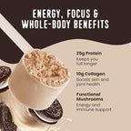 FlavCity All in One Protein Shake Powder, Cookies and Cream - On the Go Meal Alternative + Collagen Peptides, Reishi & Cordyceps - Focus, Skin, Hair & Joint Support - 100% Grass Fed Whey, 20 Servings