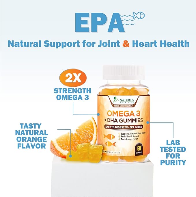 Omega 3 Fish Oil Gummies - Heart Healthy Omega 3 Gummy Supplement with High Absorption DHA & EPA, Extra Strength Joint & Brain Support, Delicious Orange Flavor Fish Oil Nature's Vitamin - 60 Gummies