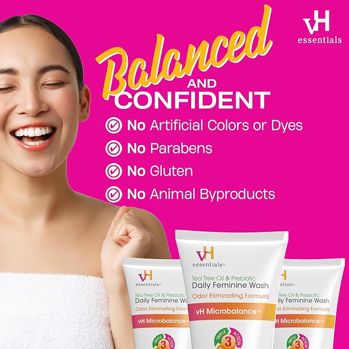 vH essentials, Ph Balanced Daily Feminine Wash, Tea Tree Oil & Prebiotic, 6 Fl Oz 54306 Clear (Pack of 2)