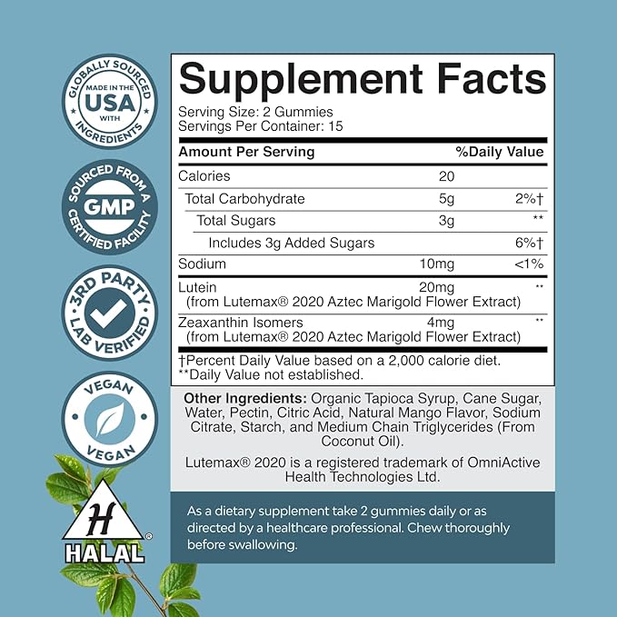 Vision Support Gummies for Adults - Lutein and Zeaxanthin Supplements for Eye Health - Potent Lutein Eye Vitamins for Blue Light Protection Dryness Strain Support & Visual Sharpness - 30 Count