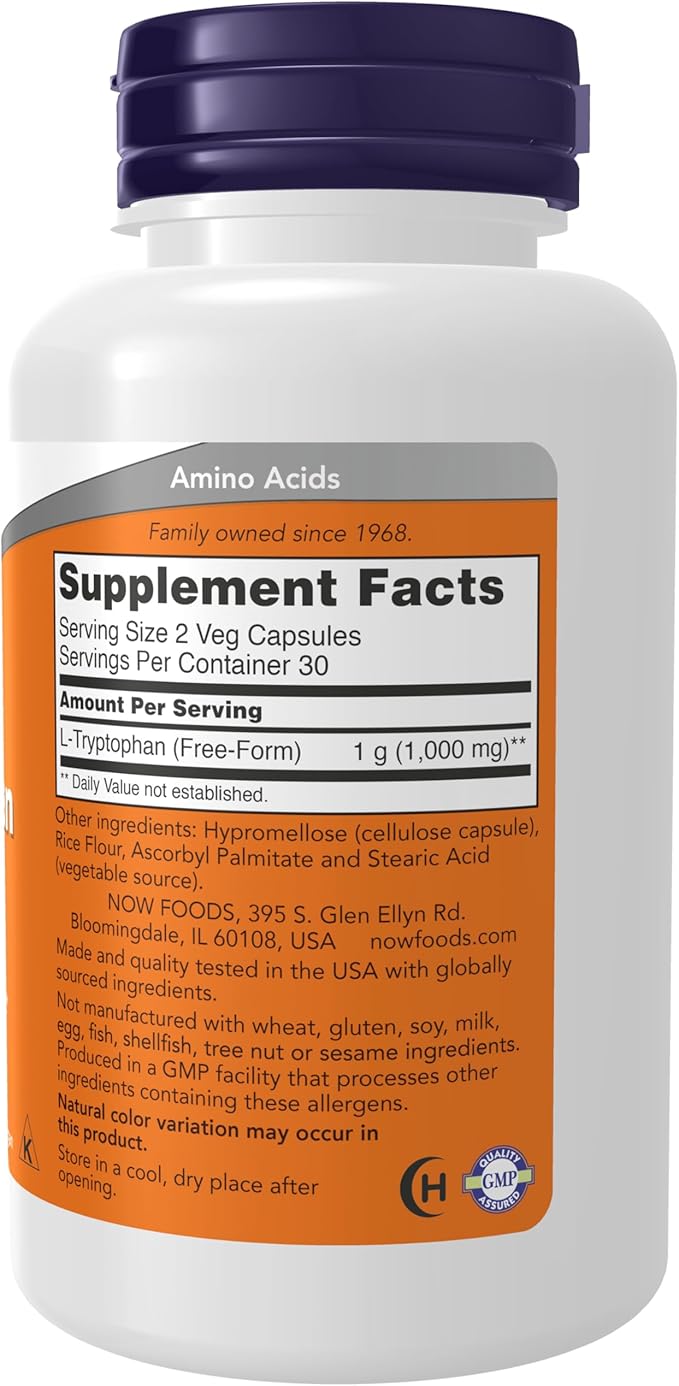 NOW Foods Supplements, L-Tryptophan 500 mg, Encourages Positive Mood*, Supports Relaxation*, 60 Veg Capsules