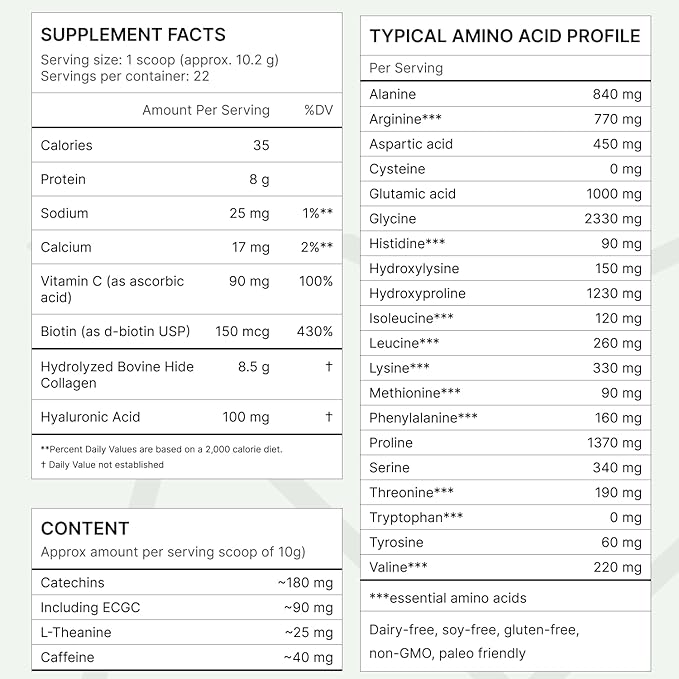 FKRO Matcha Collagen Powder w Biotin, Hyaluronic Acid & Vitamin C - Healthy Hair, Skin & Nails - Natural Type I & III Hydrolyzed Collagen Powder, Unsweetened Matcha Latte - 22 Servings, 7.9oz