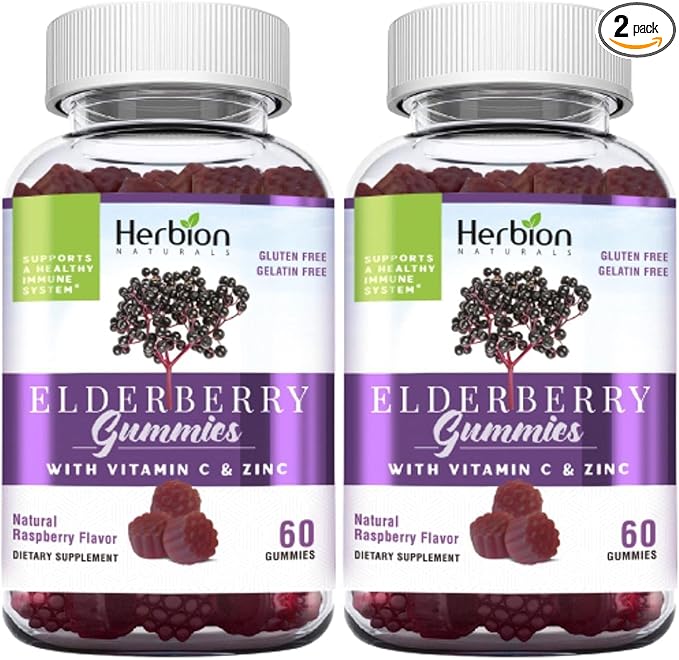 HERBION Elderberry Gummies with Vitamin C & Zinc, Healthy Immune System Support, Gluten-Free & Gelatin-Free, 60 Gummies for Adults & Children 4 Years & Above, Made in USA, Pack of 2