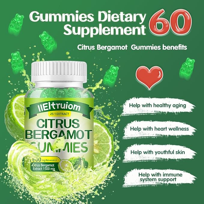 Citrus Bergamot 1500mg, Citrus Bergamot Gummies for Healthy Cholesterol, Bergamot Supplements 25:1 Extract from Italy Bergamot, Resveratrol & Niacin - Natural Vegan 60 Gummies