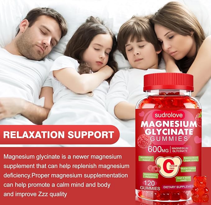 Magnesium Glycinate Gummies 600mg – Sugar Free Magnesium & Potassium Dietary Supplement with Vitamin D, B6 and CoQ10 for Calm Support & Sleep for Adults - High Absorption - Raspberry Gummies