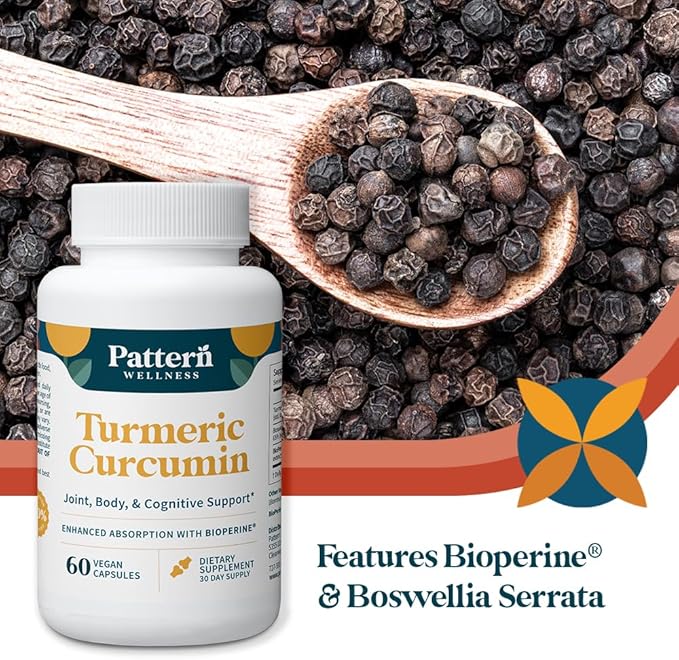 Pattern Wellness Turmeric Curcumin – 95% Curcuminoids with BioPerine® Black Pepper – Supports Joint, Cognitive & Immune Health – Non-GMO, Gluten Free – 120 Capsules