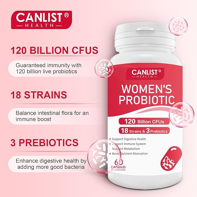 CANLIST Women's Probiotics 120 Billion CFUs 18 Strains 3 Prebiotics & Digestive Enzymes Contains Organic Prebiotic Cranberry Women's Health Digestive & Immune Support Non-GMO, 120 Capsules