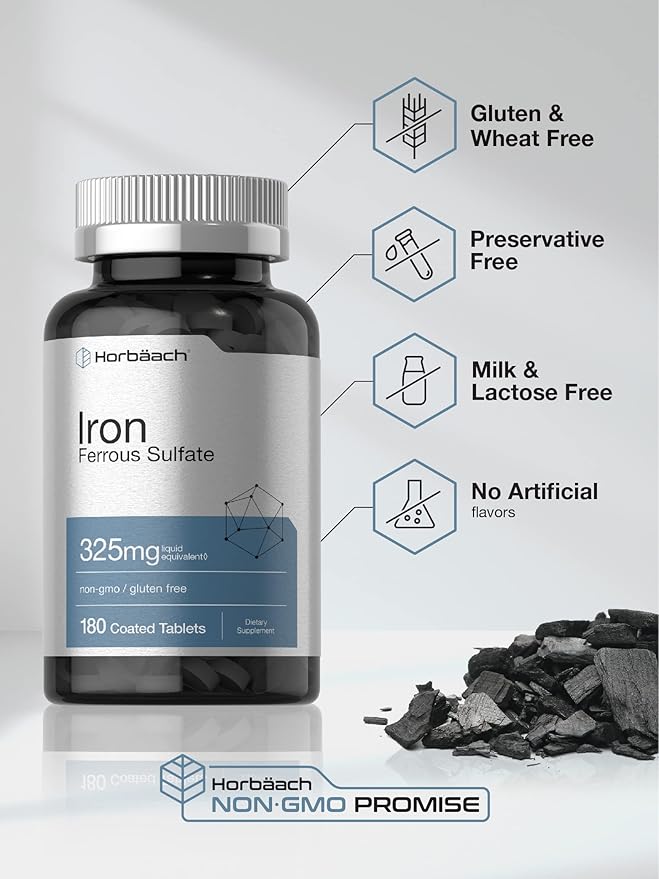 Horbäach Iron Ferrous Sulfate | 180 Count | Vegetarian, Non-GMO & Gluten Free Dietary Supplement