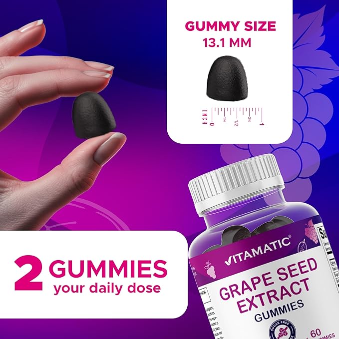 Vitamatic Grape Seed Extract Gummies – Plant-Based Botanical Extract – Natural Grape & Black Currant Flavor – Vegan, Non-GMO – Herbal Supplement – 60 Gummies
