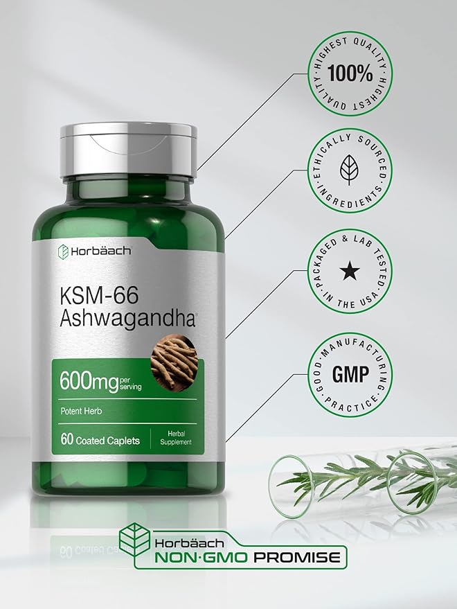 Horbäach KSM-66 Ashwagandha | with L-Theanine | 60 Coated Caplets | Vegan, Non-GMO, Gluten Free Complex Supplement