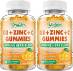 2 Pack Vitamin C + D3 + Zinc Gummies for Adults, Immune Support Supplement with Elderberry, Echinacea & Mullein Leaf - Antioxidant Support, Sugar Free, Orange Flavor, 120 Count