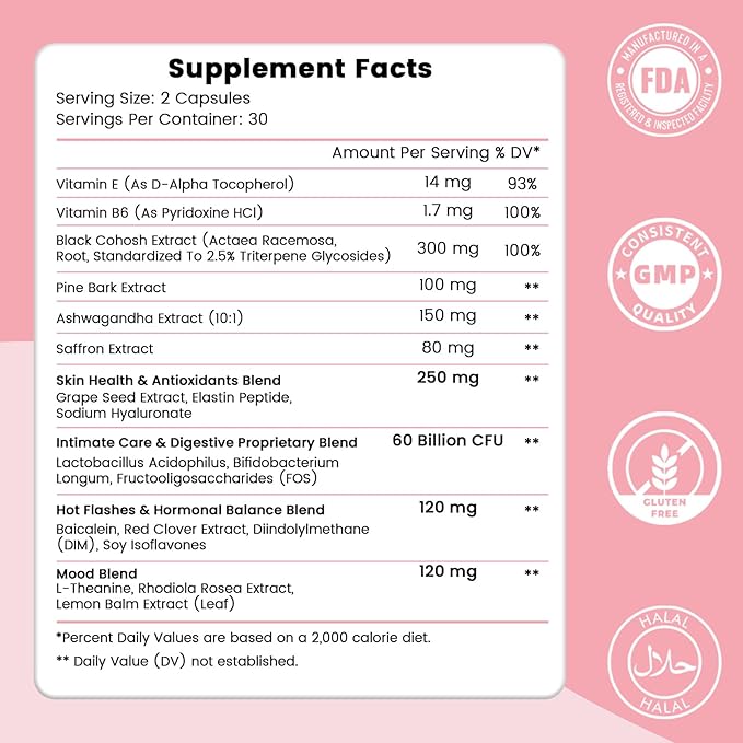 Menopause Supplement for Women : Hormone-Free Probiotic with Black Cohosh & Ashwagandha Support for Hot Flashes Mood Balance & Skin Health 60 Capsules