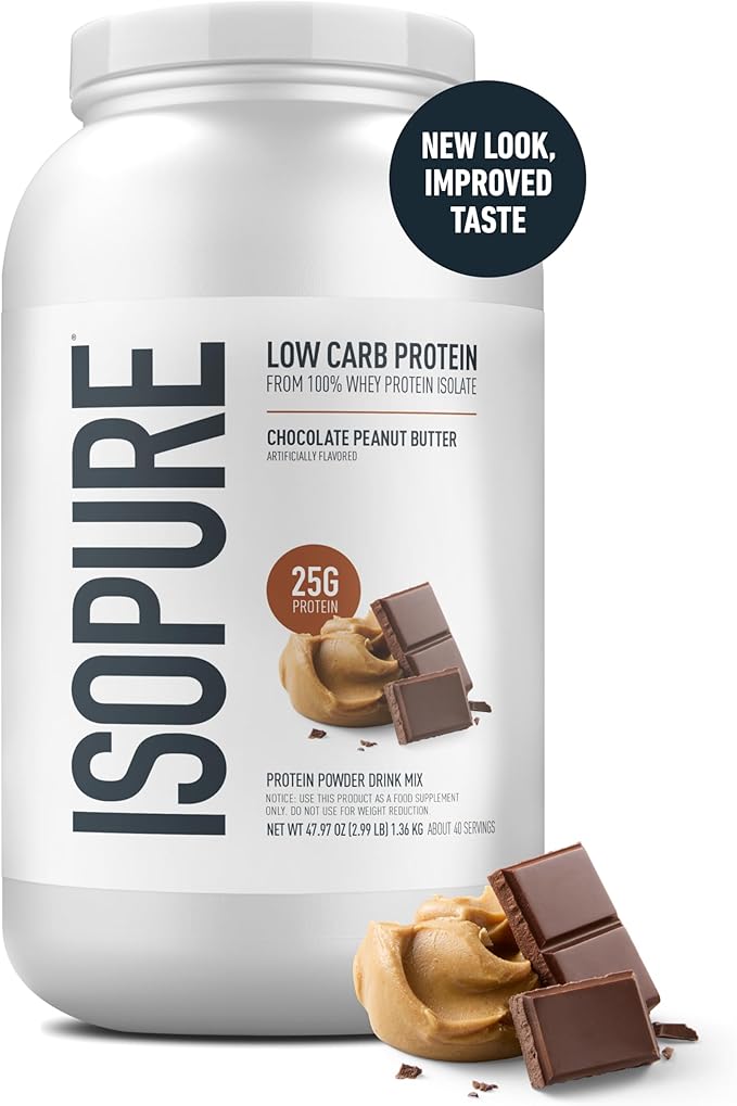 Isopure Low Carb 100% Pure Whey Isolate Protein Powder, Gluten Free, With Vitamins, Chocolate Peanut Butter, 25g Protein Per Serving, 3 Lbs, 40 Servings (Packaging May Vary)