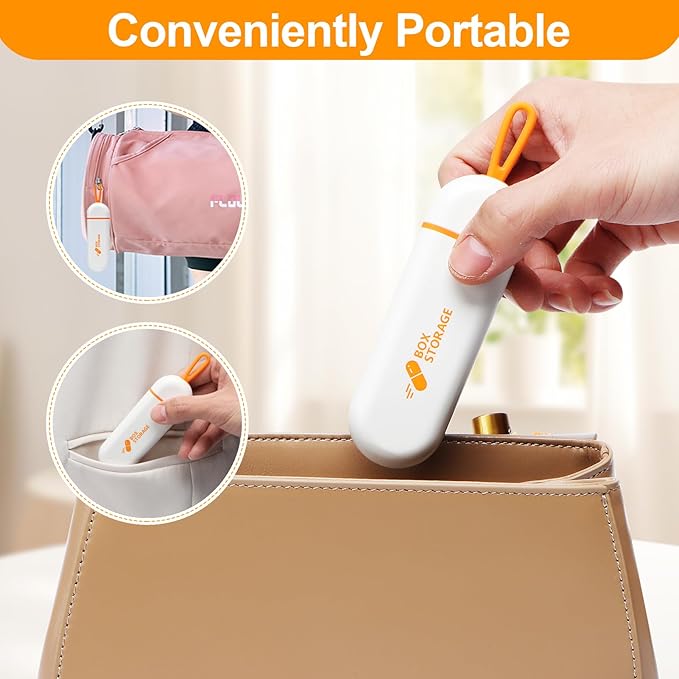Toplive Travel Pill Organizer, Portable Pill Container Mini Daily Pill Organizer, Small Pill Case Travel Medicine Organizer Pocket Vitamin Supplement Fish Oil Box, White Orange