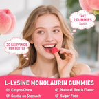 L-Lysine Monolaurin Gummies, Monolaurin and Lysine 1000mg Supplement for Adults & Kids, with Vitamin C, Zinc, Selenium & Quercetin, Immune & Overall support, Oral & Lip Health, Peach Flavor, 60 Ct