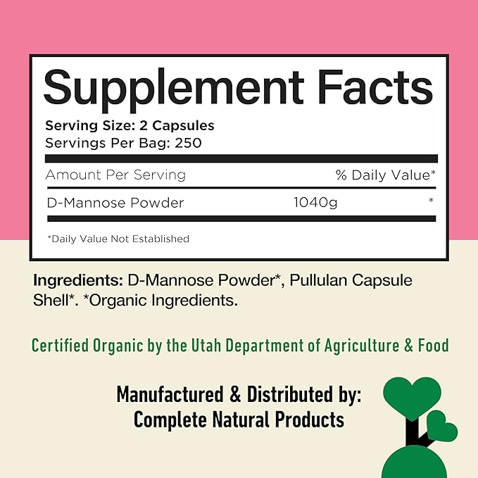 D Mannose 520mg Capsules - Organic D Mannose Supplement for UT Support, Urinary Tract Bladder Health Pills, Plant Based Formula, Vegan Non GMO, No Fillers, 500 Capsule Count Made USA Certified Kosher