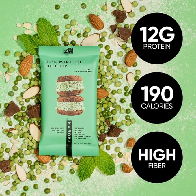 TRUBAR Vegan Protein Bar,It's Mint To Be Chip, Gluten Free, Plant Based Protein, Dairy Free, Non GMO, Soy Free, No Sugar Alcohols, 12G Protein, 12G Fiber, 23G Carb, On the Go Snack Bars, 12ct