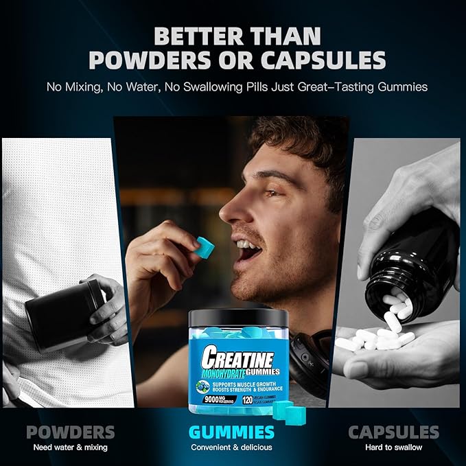 Creatine Monohydrate Gummies,Complex 9000 MG for Men & Women,Pre-Workout Gummies with BCAA, L-Carnitine, Taurine & Vitamin B12 for Enhanced Strength, Energy & Muscle Growth,0 Sugar, Vegan-120 Count