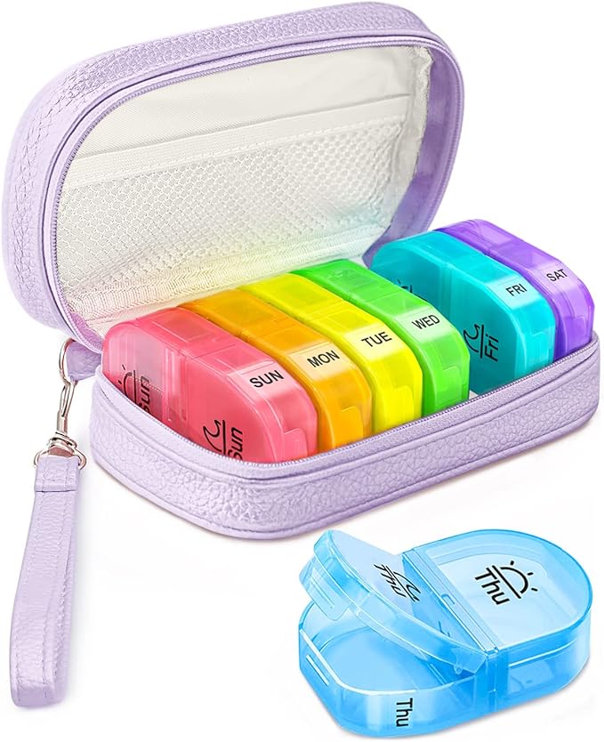 AMOOS Cute Pill Organizer 2 Times a Day, PU Leather Pill Case for Women, Portable Weekly Pill Box for Purse with Storage Bag to Hold Vitamins, Medications, Fish Oils, Supplements (Purple)