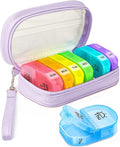 AMOOS Cute Pill Organizer 2 Times a Day, PU Leather Pill Case for Women, Portable Weekly Pill Box for Purse with Storage Bag to Hold Vitamins, Medications, Fish Oils, Supplements (Purple)